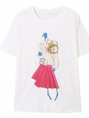 Zara White Tee with Pink Skirt Illustration